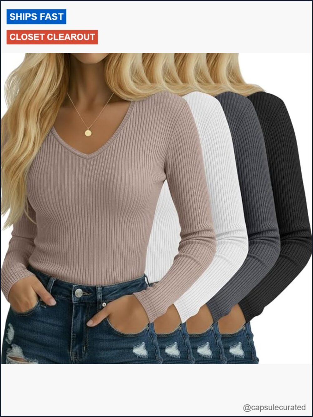 4 Pack Ribbed Long Sleeve V Neck Tops for Women Slim Fit Layering Tees